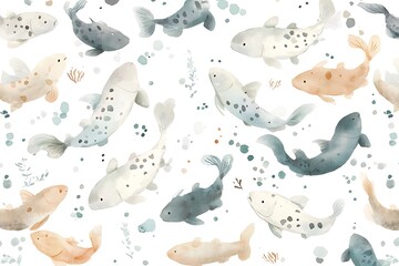 Wall Mural - Watercolor Seamless Pattern of Koi Fish in a Pond.