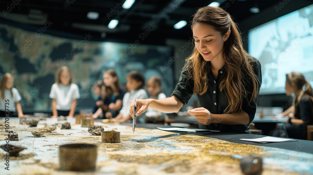 History Lesson Image teacher enthusiastically conducts history lesson using large map ...