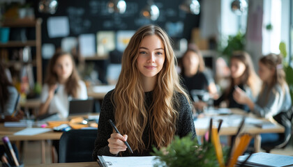 Poster - young woman with long hair sits at desk in bright classroom, surrounded by other students engaged in group work. atmosphere is focused and collaborative, with educational materials visible