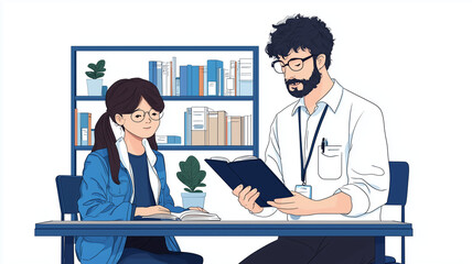 Poster - teacher guides student through challenging reading task in library setting, fostering learning and understanding. scene is calm and focused, with books and plants in background