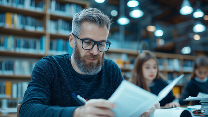 Poster - focused man with glasses reading book in library, surrounded by students. atmosphere is studious and calm, with shelves of books in background