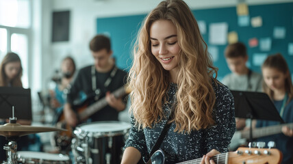 Aufkleber - young woman joyfully plays guitar in lively music class, surrounded by students engaged with various instruments, creating vibrant and collaborative atmosphere