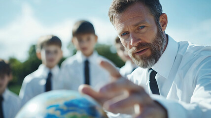 Poster - teacher uses globe to explain geography to group of attentive students outdoors, fostering curiosity and learning