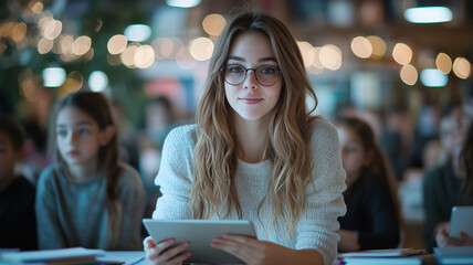 Poster - teacher using digital tablet to engage small group of students in cozy classroom setting, with warm lighting and focused expressions