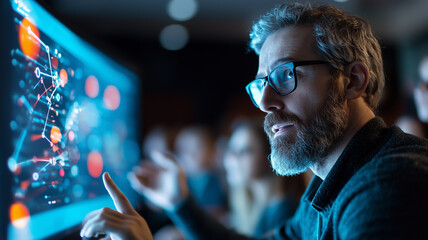 Aufkleber - man with glasses interacts with large digital screen displaying complex data and graphics in dimly lit room, suggesting focus on technology and analysis