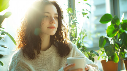 Aufkleber - woman in cozy robe sips coffee by window, surrounded by lush green plants and warm sunlight streaming in, creating serene and peaceful atmosphere