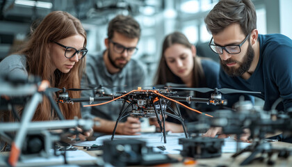 Aufkleber - focused team collaborates on designing drone in creative studio, showcasing innovation and teamwork