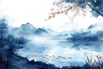 Wall Mural - Serene Blue Watercolor Landscape with Mountain Range and Cherry Blossoms.