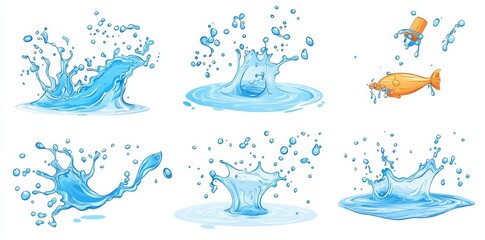 Poster - A top view of water spills, splashed aqua liquid, with scattered drops. A realistic 3D modern illustration, clipart image with hydration spots isolated on transparent background.