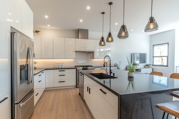 Poster - Modern kitchen interior featuring sleek design, black countertops, and pendant lighting in a spacious, well-lit environment. Generative AI