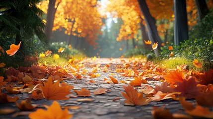 Colorful autumn leaves scattered on a forest path perfect for seasonal decoration or nature appreciation