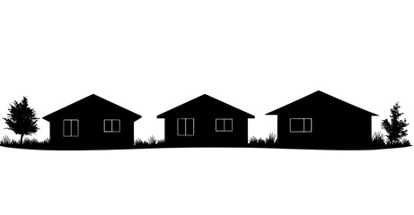 Poster - Various illustrations of city buildings in silhouettes under various constructions are presented on a white background with a flat black skyscraper and low-rise building silhouette