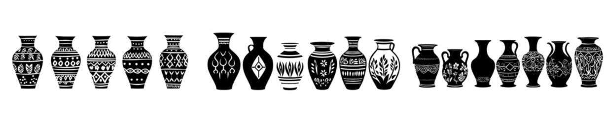 Detailed illustration of ancient greek pottery ceramic vases silhouettes. Modern illustration isolated on white.