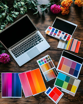 A laptop computer with a blank screen sits next to several color palettes on a wooden table.