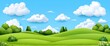 © Mark - Summer field on sunny day. Modern cartoon illustration of beautiful countryside, rural landscape with lush grass or agricultural crops growing on land, birds flying in a blue sky.