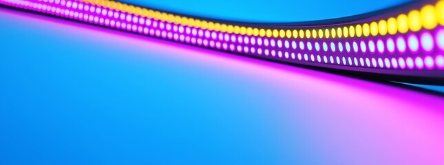 Poster - The modern illustration shows a concave screen with glowing yellow and pink dots on a black background. The stadium score panel is lit by diode lamps with yellow, pink, and neon yellow dots.
