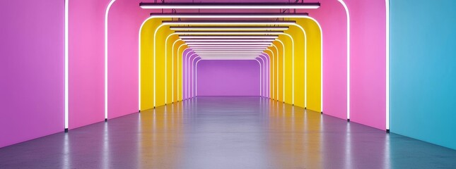 Poster - The concave LED screen can be mounted on a wall or stage as a realistic illustration. The display is illuminated with neon yellow and pink dots against a black background. A stadium scoreboard is