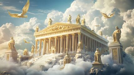 Wall Mural - Majestic mount olympus: ancient temples, golden statues, and mythical creatures soaring in the clouds. Majestic. Illustration
