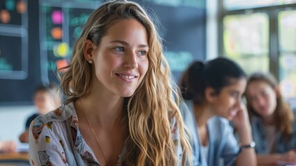 Poster - This young woman engages happily in a group discussion with classmates at school.