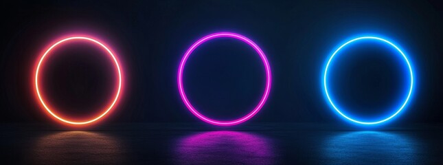 Poster - design of a magical neon glow portal for game user interface. a realistic modern circle podium with 