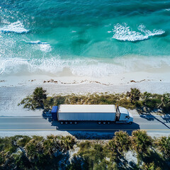 Wall Mural - large American style truck trailer drives along scenic Florida highway, with beautiful sandy beaches and turquoise waves in background, creating picturesque coastal view