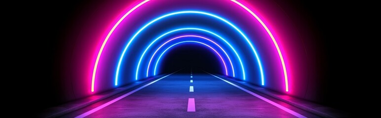 Fototapete - Interior hallway with neon arrow lights and reflections on the ground. Realistic 3d background of path with luminous lamps. Abstract futuristic backdrop with perspective electric glow tunnel.