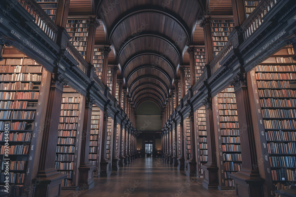Grand library with towering shelves, serene atmosphere of vast ...