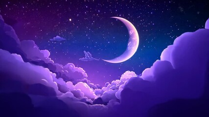 Wall Mural - a crescent moon shines brightly in the night sky, surrounded by fluffy clouds