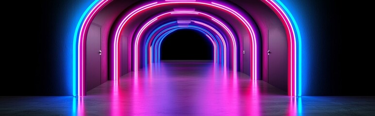Fototapete - Hallway room interior with neon arrow light on walls and reflections on floor. Abstract futuristic background with perspective electric glow tunnel.