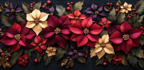Leinwandbilder - Vibrant red and gold poinsettias mingle with purple and cream flowers among rich green leaves and berries, creating a stunning seasonal decoration