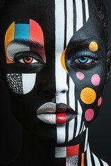 Poster - A model showcases an artistic face paint design split between vibrant colors and bold geometric shapes, emphasizing contrasting eye colors and striking features