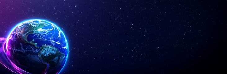 Poster - In a starry sky, a purple planet and sun eclipse light appear on the horizon. A bright astronomical edge shine appears at night. 3D fantasy solar ray effect.