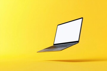 A laptop with a blank screen floating in the air on a yellow background.