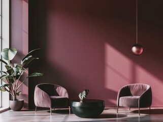 Two pink velvet armchairs and a black coffee table in a living room with a large window and pink wall