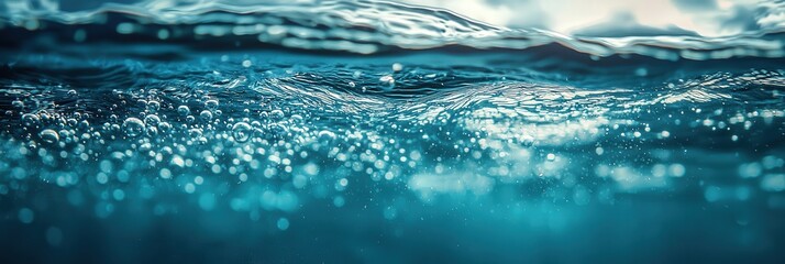 Poster - Bubbles rise elegantly through turquoise water, creating a mesmerizing effect as sunlight filters through, illuminating the tranquil underwater scene