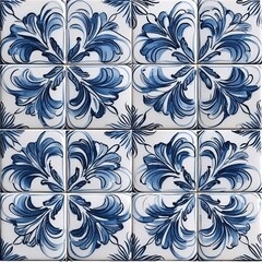 Poster - An elegant arrangement of blue and white floral patterned tiles creates a striking geometric design suitable for various interior spaces. The intricate details enhance the aesthetic appeal