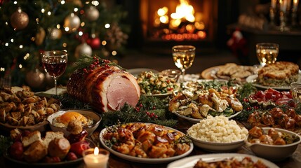 Poster - A beautifully arranged holiday table showcases an array of delicious foods like glazed ham, creamy potatoes, colorful salads, and festive drinks, all set against a warm, inviting fireplace glow