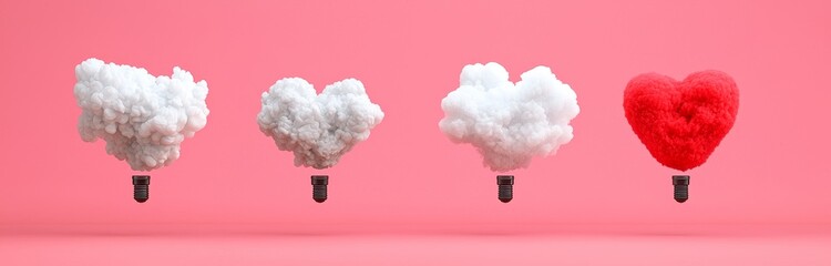 Poster - hearts made of white smoke isolated on a pink background. modern realistic illustration of fluffy mi