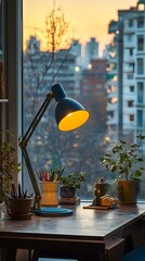 Poster - A cozy workspace with a lamp, plants, and a city view at sunset.