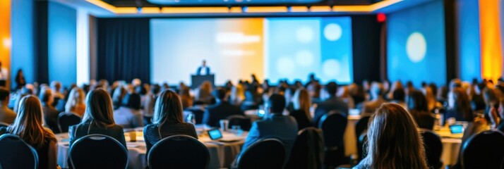 An audience in front of and behind the speaker at a business conference.