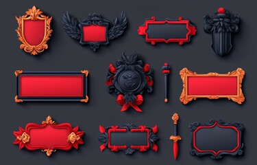 Poster - fantasy gold medieval border with diamonds and gem stones for ui design of the game. cartoon modern 