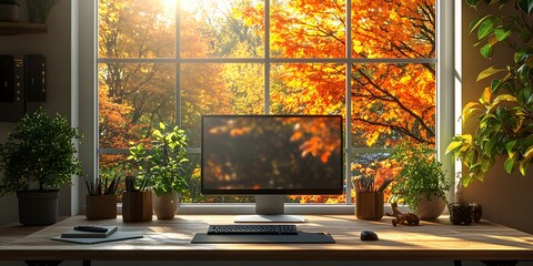 Poster - A cozy workspace with a computer and autumn scenery outside the window.