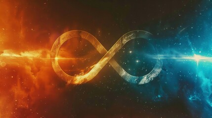 Wall Mural - A stunning nebula forms an infinity symbol in the vastness of space, showcasing vibrant hues of orange and blue, representing the mysteries of the universe