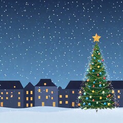 Canvas Print - Christmas card with A long shot of a decorated town square with a towering Christmas tree in focus, and the surrounding buildings and lights softly blurred, in vector style