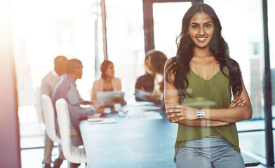 Poster - Office, smile and portrait of woman with confidence, glass reflection and project manager at creative agency. Happy, workshop and design consultant in meeting with opportunity, pride and arms crossed