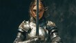 © Nijat - A female knight in metal armor stands confidently, gripping her sword with determination. This image of a female knight captures strength and bravery, with ample copy space.