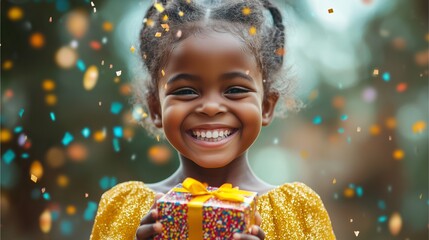 a africa kid girl is happy after receiving a gift