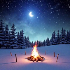 Canvas Print - winter night landscape with a wooden christmas tree, the snow, a star