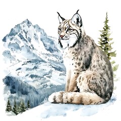 Wall Mural - Watercolor Illustration of a Lynx in a Snowy Mountain Landscape.