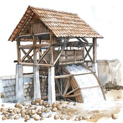 Watercolor illustration of a traditional watermill with a wooden wheel and a thatched roof.